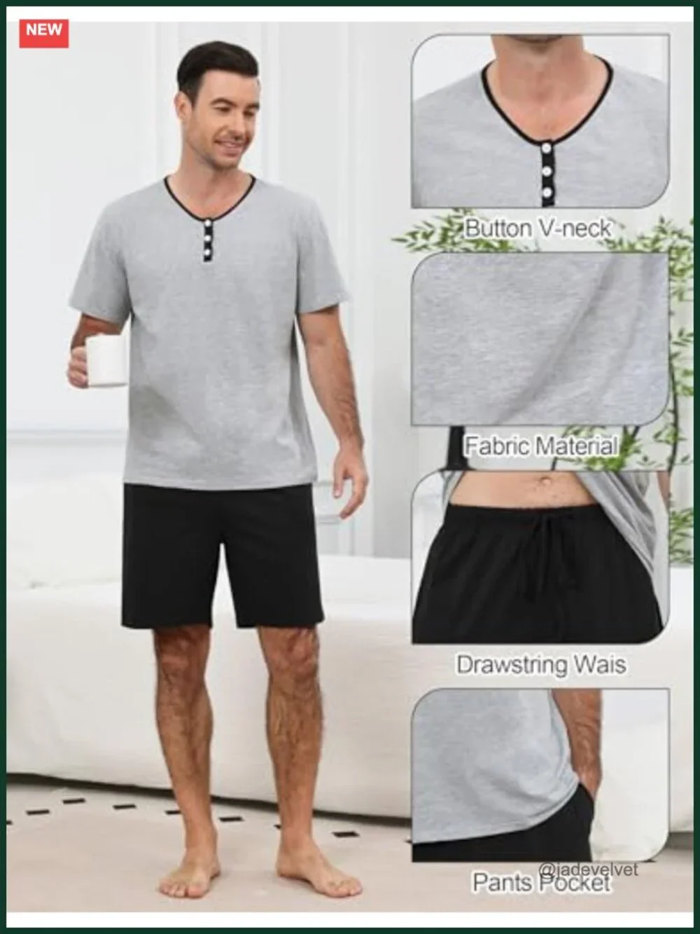 Cotton-Spandex V-Neck Pajama Set with Pockets Summer Loungewear